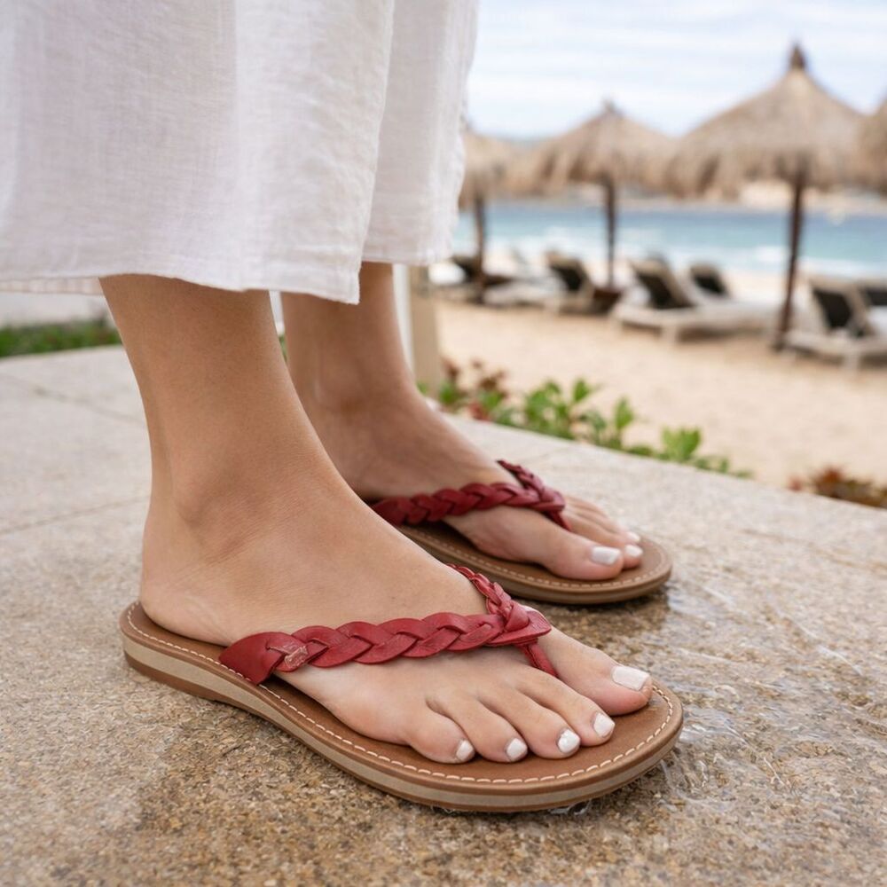 Olukai Kahiko Thong Sandals Sz 7 Red Braided Leather Flat Shoes Hawaiian Fun!